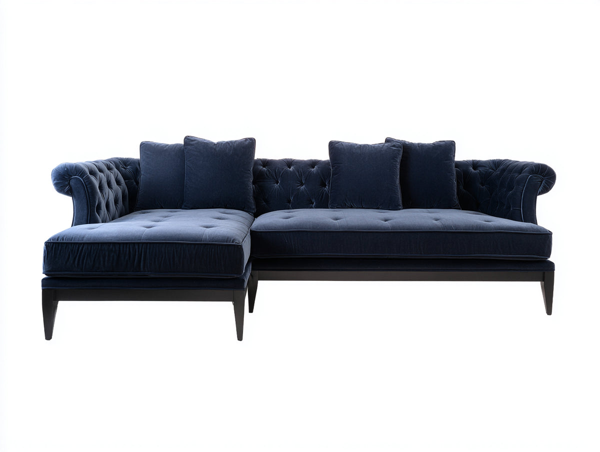 Divano angolare - Velluto-Legno - 286x178x92 cm - Blu notte-Nero - Stile Chesterfield
