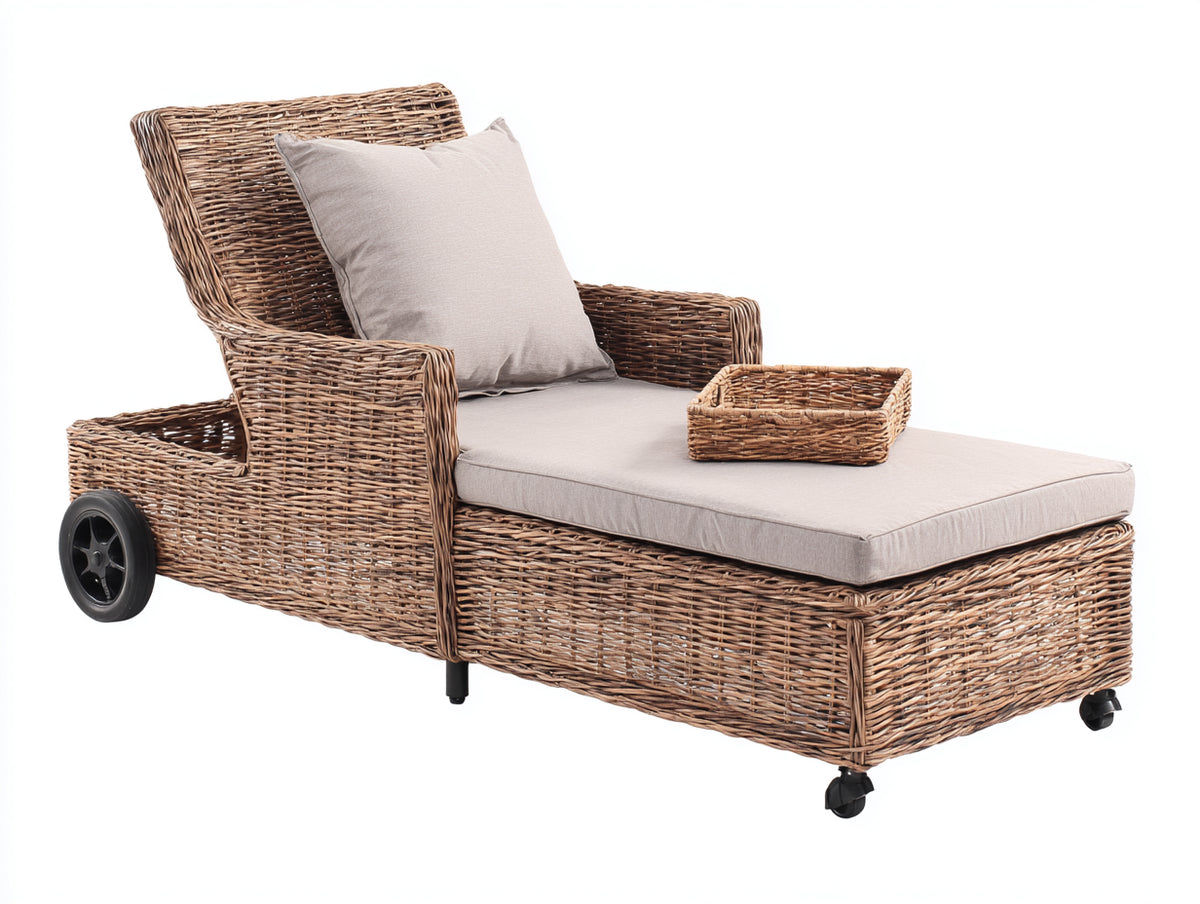 Lettino prendisole - Rattan-Tessuto - 192x80x96 cm - Marrone-Beige - Stile funzionale con ruote
