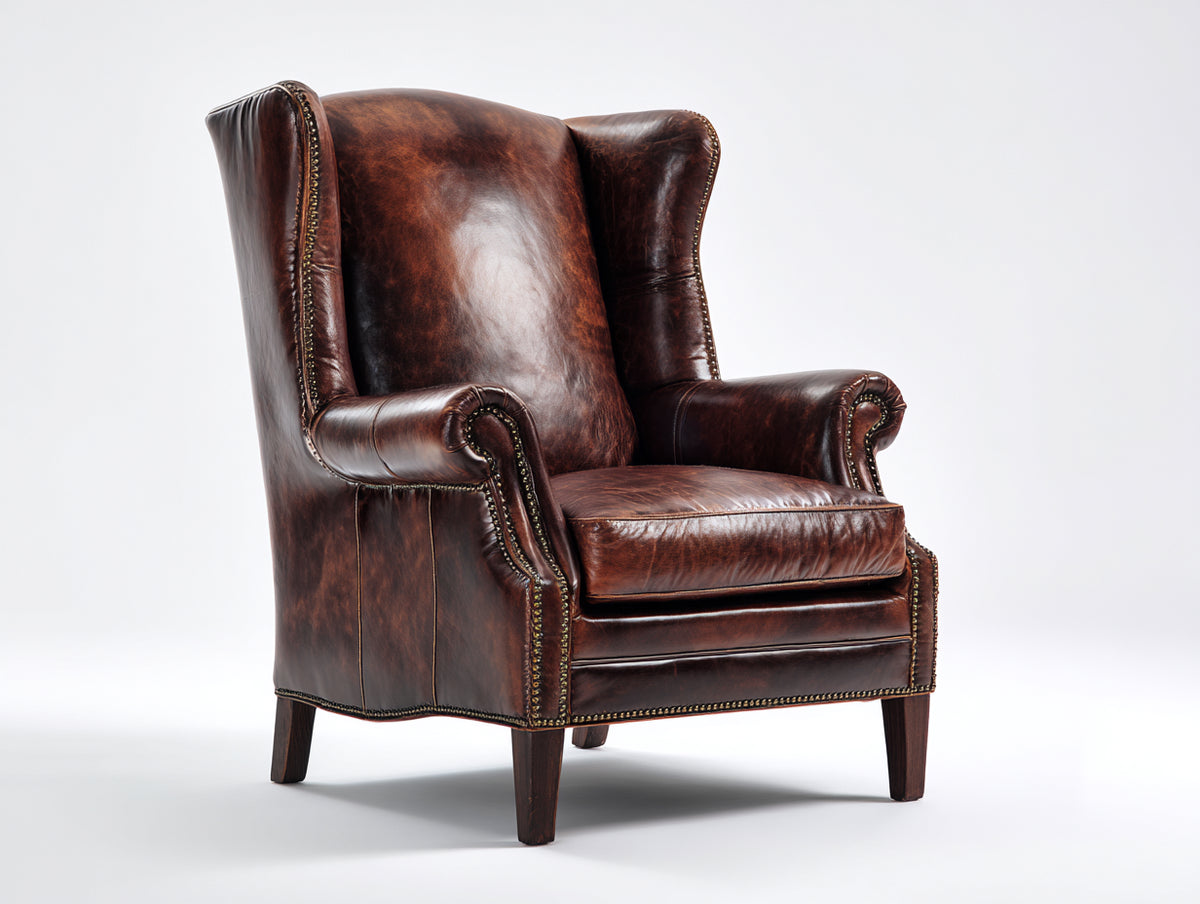 Poltrona a orecchioni - Similpelle - 88x92x111 cm - Marrone mogano - Stile inglese
