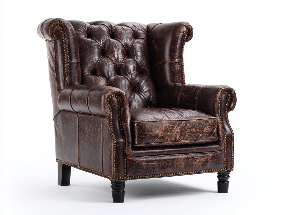 Poltrona a orecchioni - Similpelle - 91x94x112 cm - Marrone scuro - Stile Chesterfield