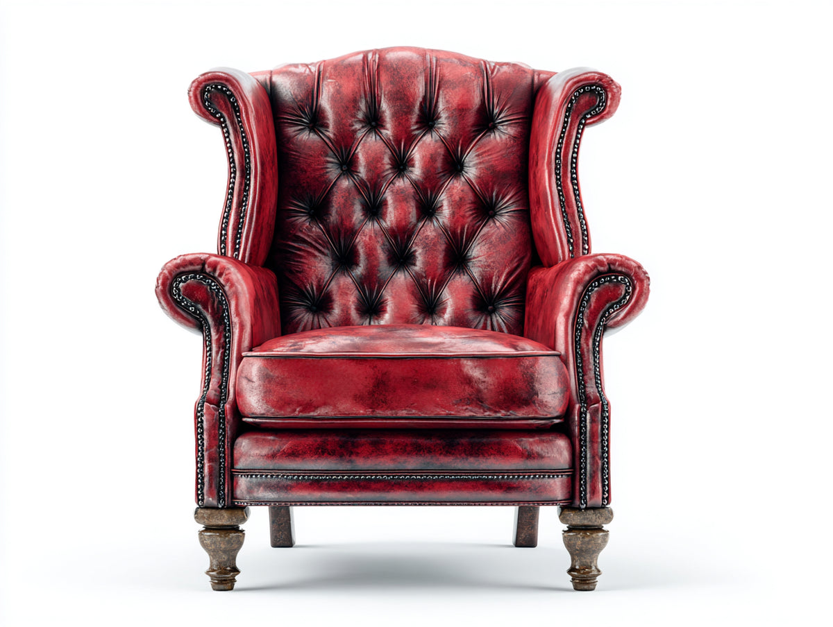 Poltrona a orecchioni - Similpelle - 94x96x113 cm - Rosso rubino-Nero - Stile Chesterfield