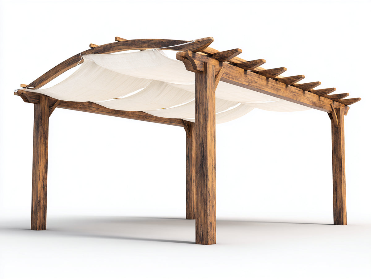Pergola da giardino - Legno-Tessuto - 420x330x285 cm - Marrone scuro-Avorio - Stile rustico con copertura tessile