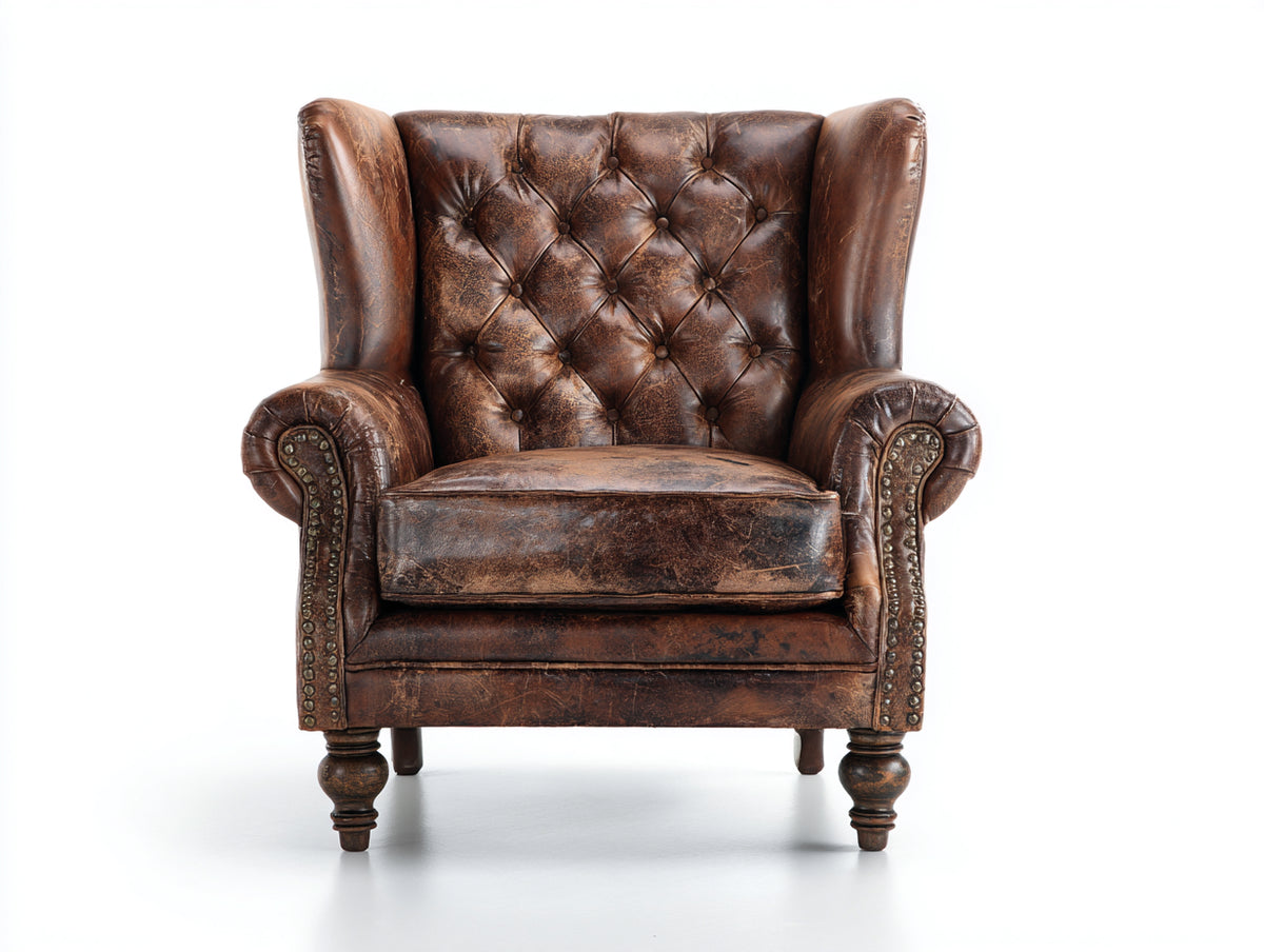 Poltrona a orecchioni - Similpelle - 90x93x109 cm - Marrone bruciato - Stile Chesterfield vintage
