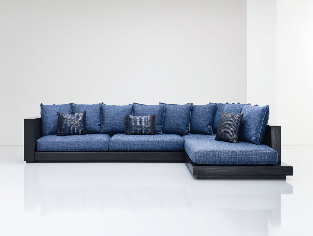 Divano angolare - Tessuto-Legno - 318x188x86 cm - Blu-Nero - Stile moderno