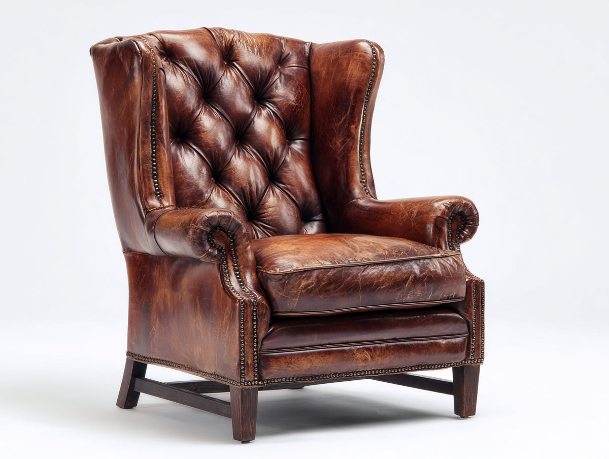 Poltrona a orecchioni - Similpelle - 90x95x112 cm - Marrone cognac - Stile inglese classico