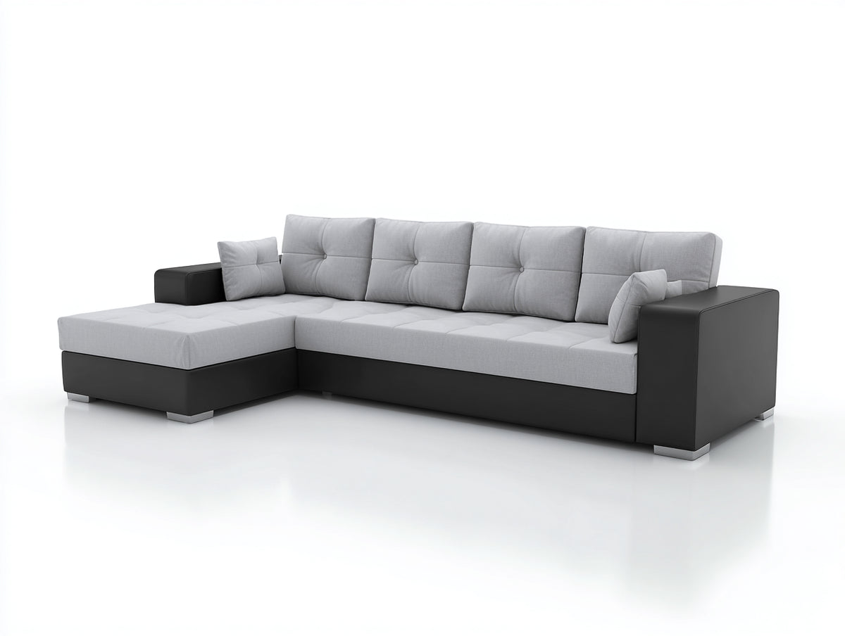 Divano angolare - Tessuto-Ecopelle - 284x172x87 cm - Grigio chiaro-Nero - Stile moderno